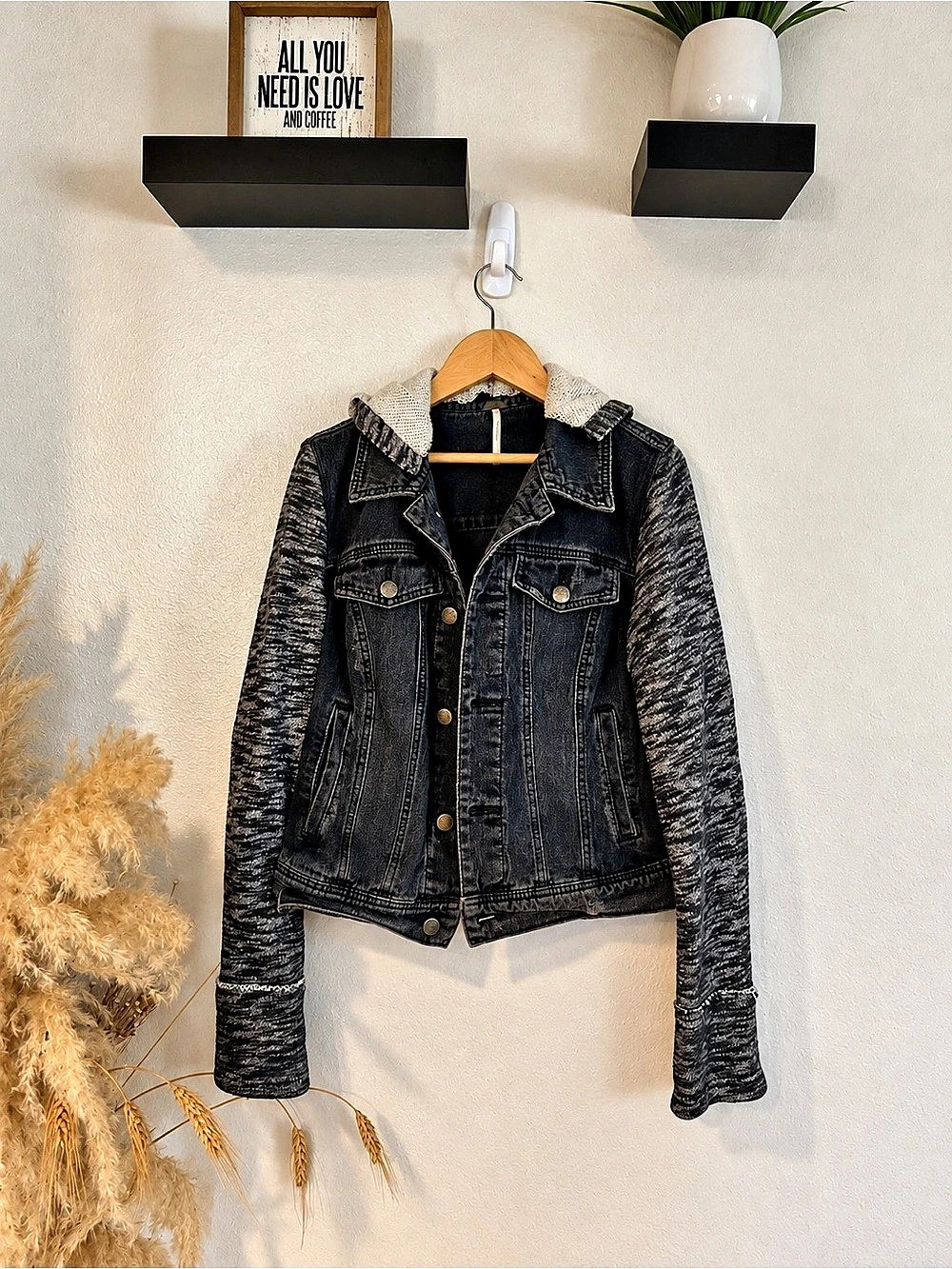 Free People 2010s Knit Sleeve Hooded Distressed Denim Jacket S